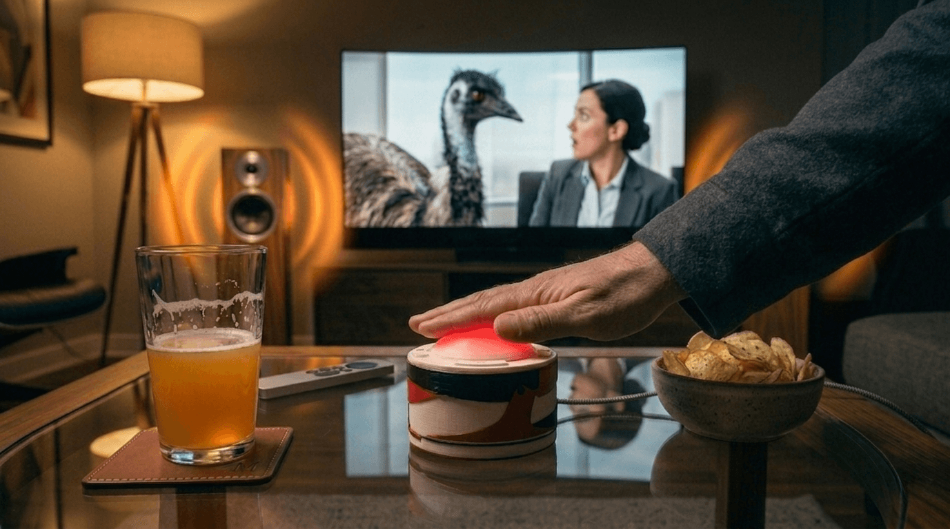 Hand pressing the Badoop button as a commercial fades on the TV behind