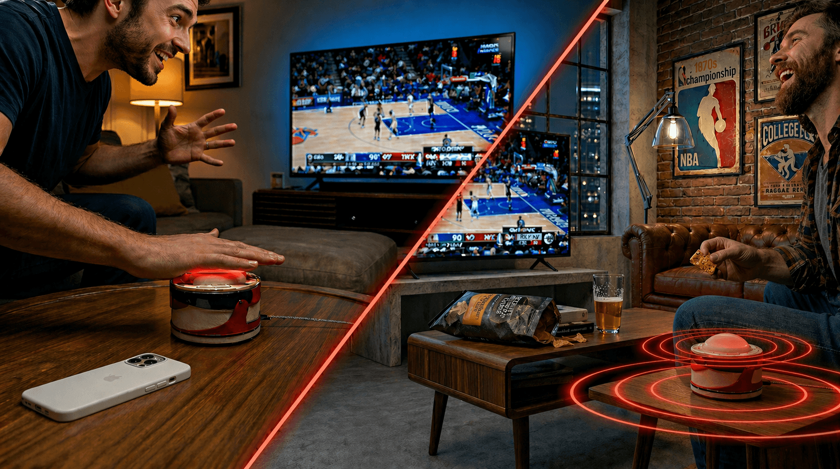 Split-screen: one friend yells into the Badoop button, another hears the reaction on his setup across town