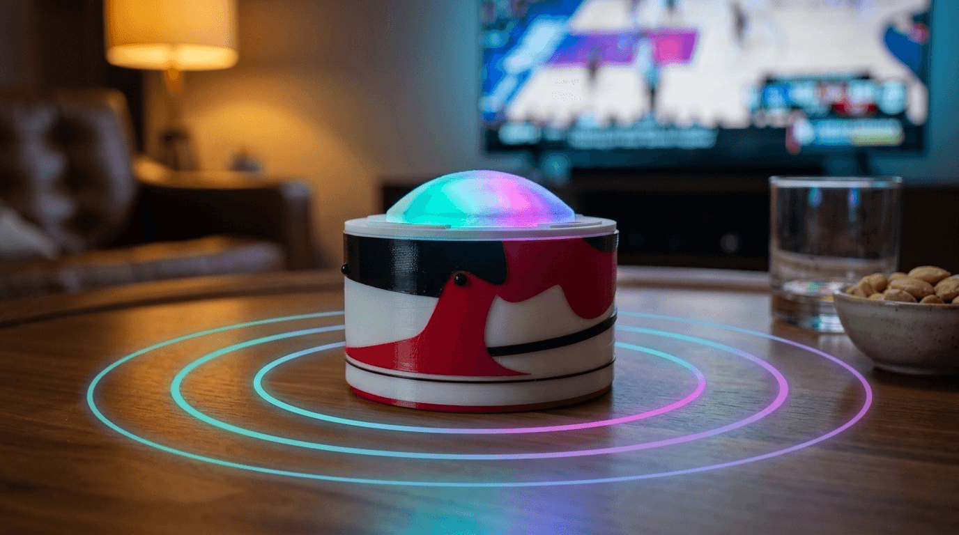 Badoop button in music mode with multi-color aura, sound waves rippling across a modern coffee table